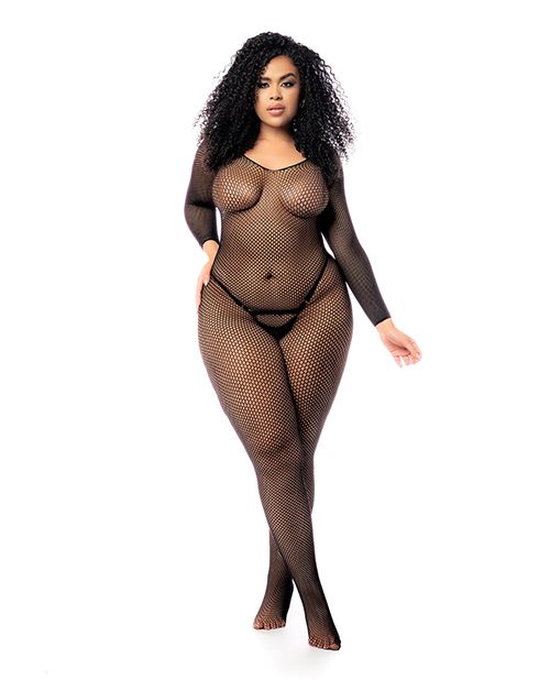 Long Sleeve All Over Fishnet Body Stocking - Plus