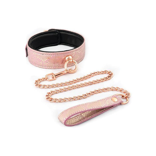 Pink Leather Collar + Leash - Snake Print